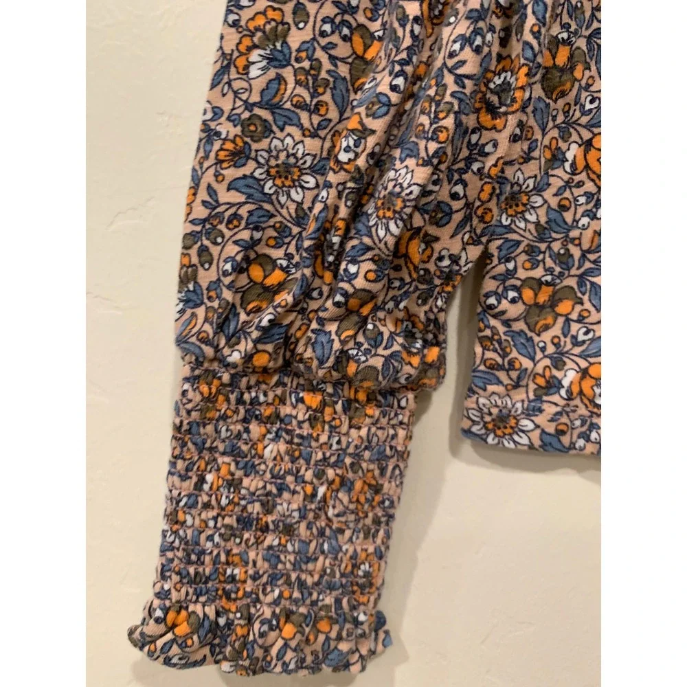 Boden‎ Womens Floral Smocked V-Neck Top Size 6 Orange Blue Ruffle Cotton Jersey